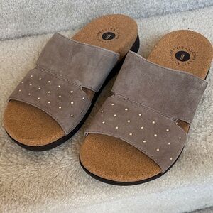 REVITALIGN Taupe Leather Suede Sandals with Gold Stud Accents